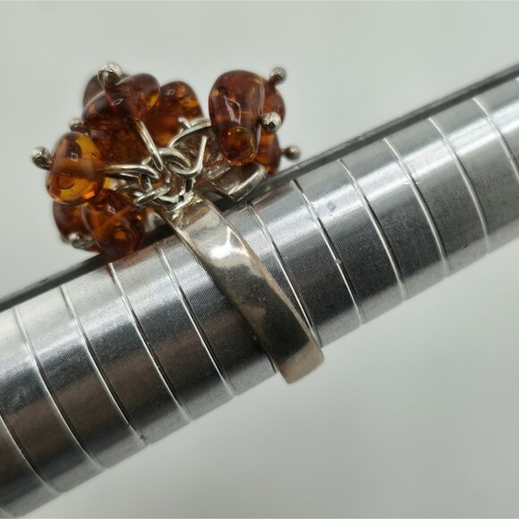 Baltic Amber Cluster Sterling Silver Ring Modernist Adjustable Vintage Polish - Picture 9 of 12